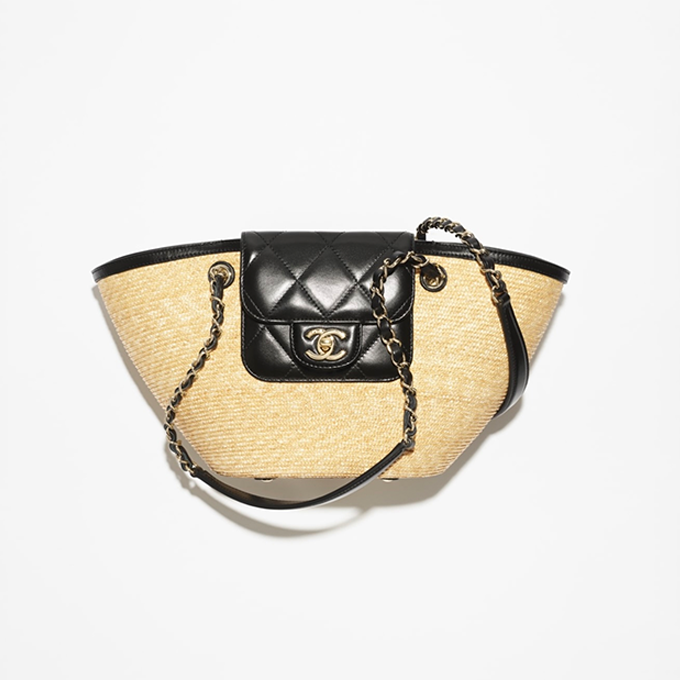 chanel small raffia lambskin cocobeach shopping tote bag
